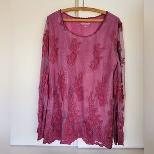 Soft Surroundings Maroon Embroidered Layered Mesh Tunic Top Long Sleeve Size L